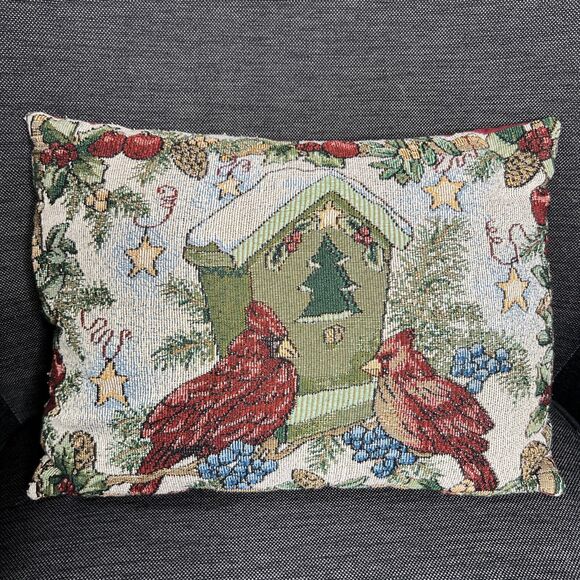 Cardinal Birdhouse Christmas Tapestry Accent Pillow Rectangle Vintage 15 x 11 - Picture 1 of 4